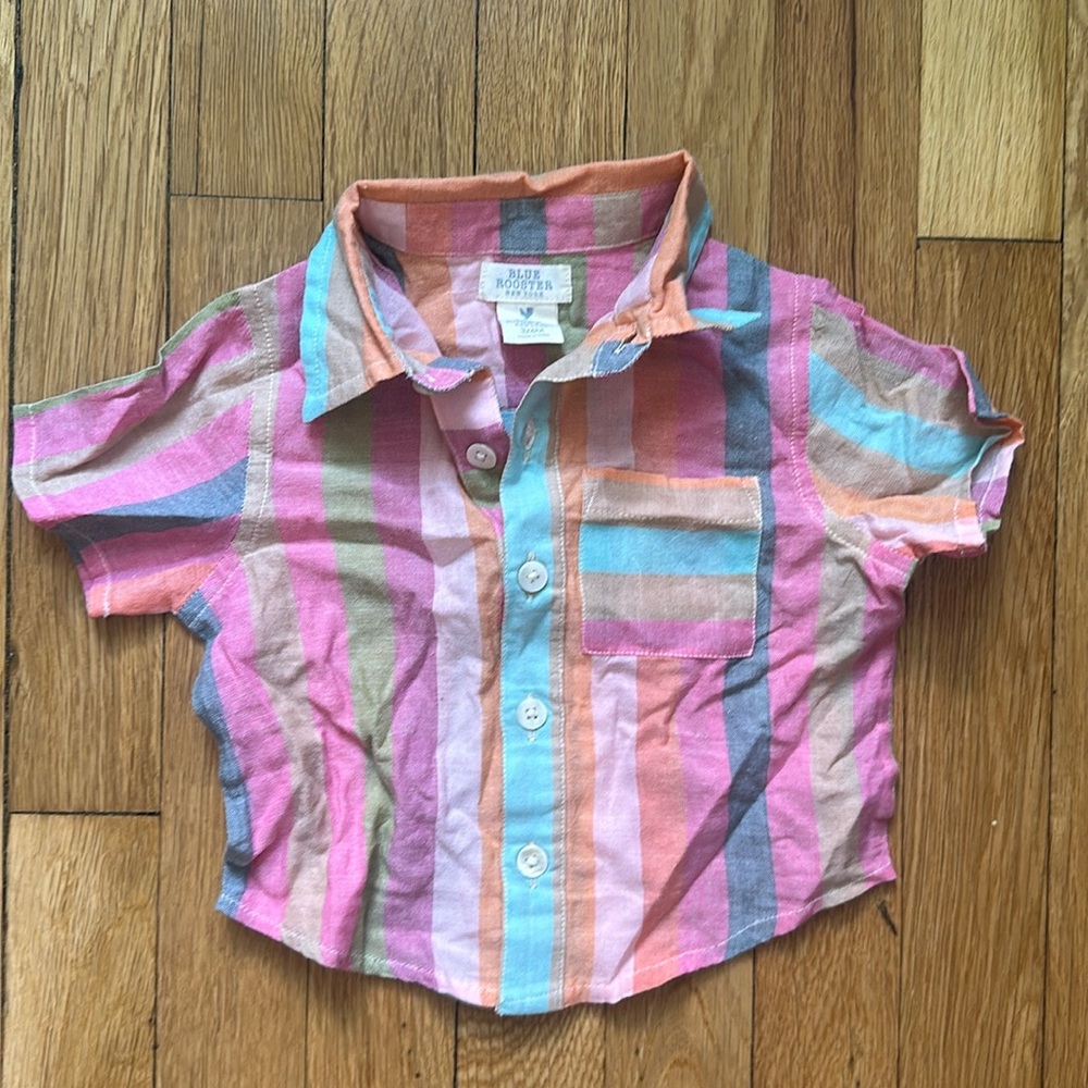 Pink Chicken (Blue Rooster) Baby Button Down Shirt Multi Stripe 3/6M